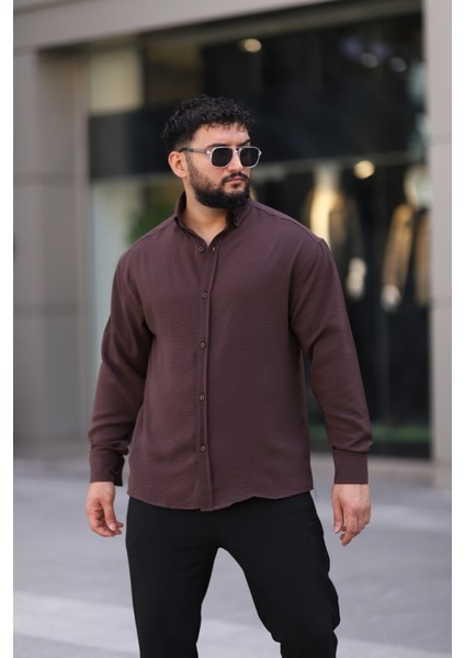 Ayrobin Uzun Kollu Kahve Renk Yarım Oversize Erkek Gömlek