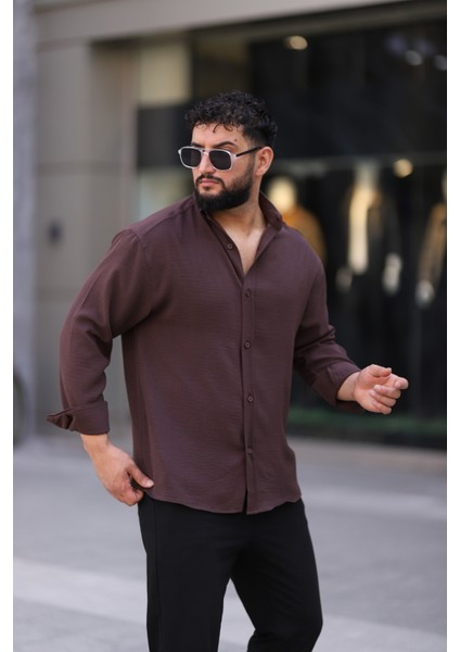 Ayrobin Uzun Kollu Kahve Renk Yarım Oversize Erkek Gömlek indirimleri