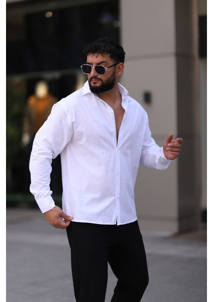 Flam Keten Dokulu Uzun Kollu Beyaz Renk Yarım Oversize Erkek Gömlek fiyatları
