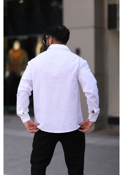 Flam Keten Dokulu Uzun Kollu Beyaz Renk Yarım Oversize Erkek Gömlek modelleri