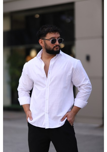 Flam Keten Dokulu Uzun Kollu Beyaz Renk Yarım Oversize Erkek Gömlek fırsatları