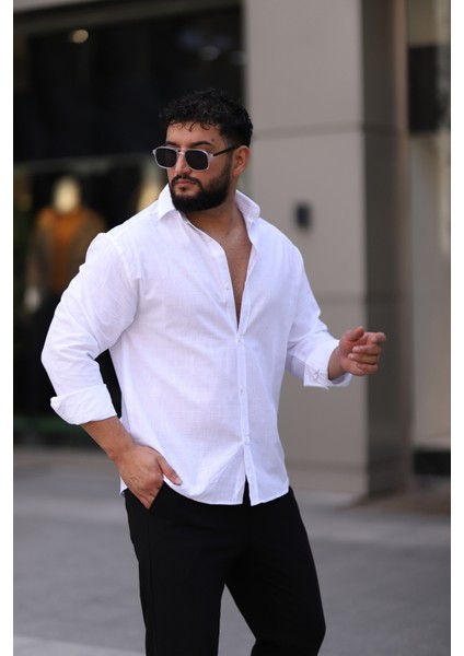 Flam Keten Dokulu Uzun Kollu Beyaz Renk Yarım Oversize Erkek Gömlek indirimleri
