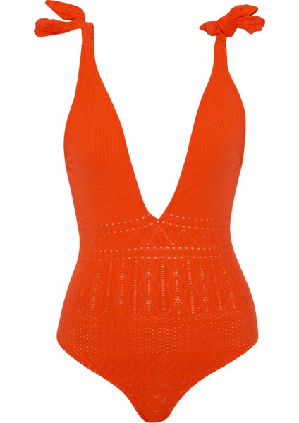 V Yaka Örgü Nar Çiçeği Mayo