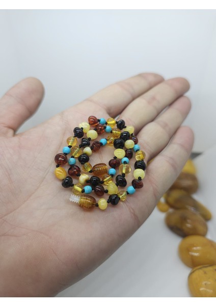 Kehribar Bebek Kolyesi Firuze Serpme Sertifikalı