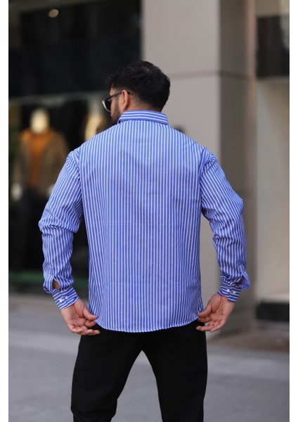 Uzun Kollu Mavi Renk Beyaz Çizgili Yarım Oversize Erkek Gömlek