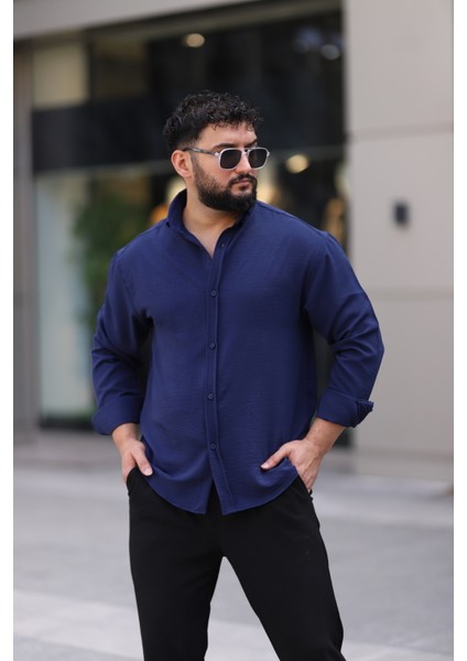 Ayrobin Uzun Kollu Lacivert Renk Yarım Oversize Erkek Gömlek