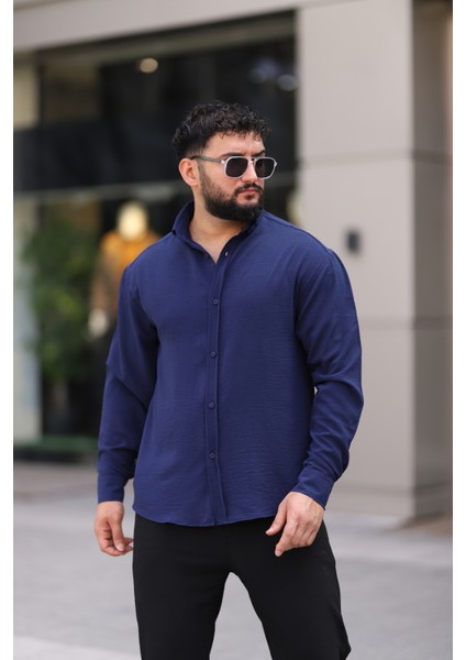 Ayrobin Uzun Kollu Lacivert Renk Yarım Oversize Erkek Gömlek fiyatları