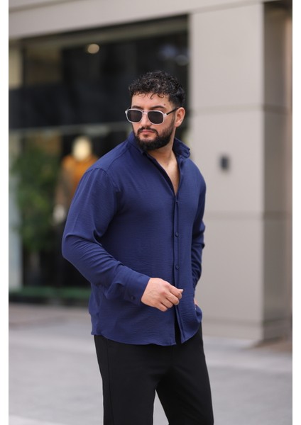 Ayrobin Uzun Kollu Lacivert Renk Yarım Oversize Erkek Gömlek fırsatları