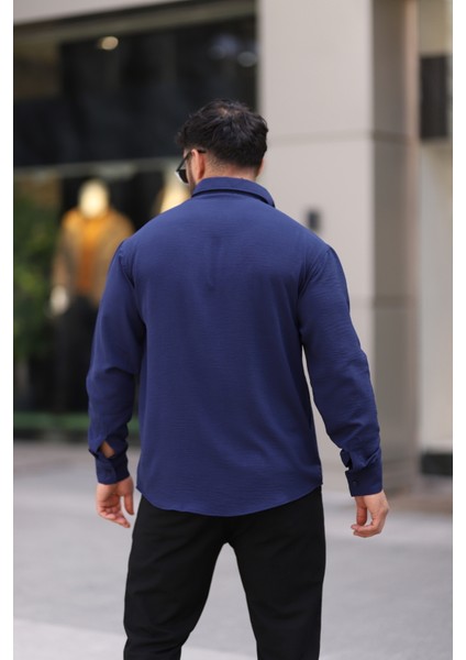 Ayrobin Uzun Kollu Lacivert Renk Yarım Oversize Erkek Gömlek indirimleri