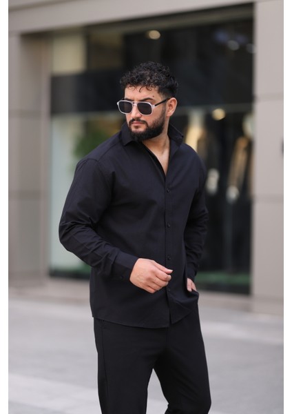Flam Keten Dokulu Uzun Kollu Siyah Renk Yarım Oversize Erkek Gömlek fiyatları