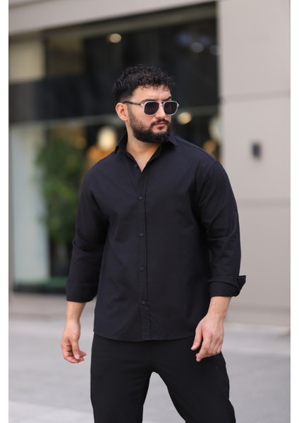 Flam Keten Dokulu Uzun Kollu Siyah Renk Yarım Oversize Erkek Gömlek fırsatları
