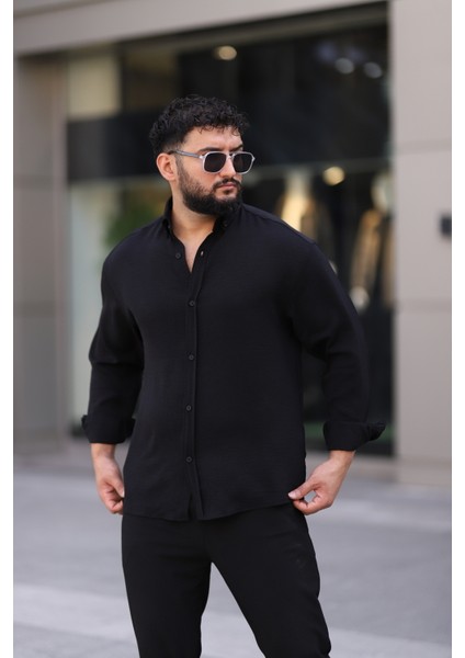 Ayrobin Uzun Kollu Siyah Renk Yarım Oversize Erkek Gömlek