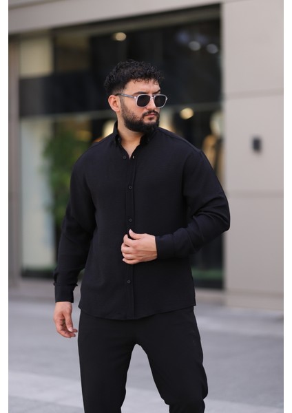 Ayrobin Uzun Kollu Siyah Renk Yarım Oversize Erkek Gömlek fırsatları