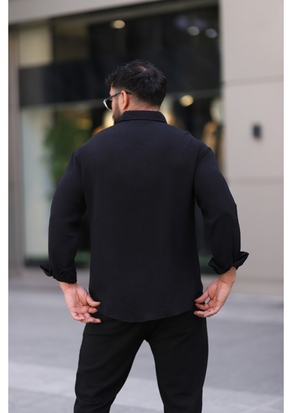 Ayrobin Uzun Kollu Siyah Renk Yarım Oversize Erkek Gömlek indirimleri