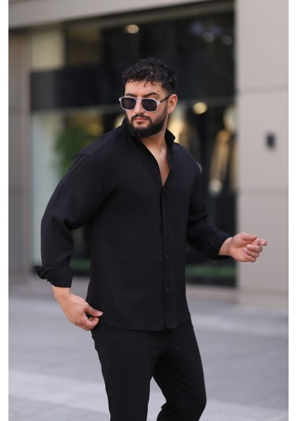 Ayrobin Uzun Kollu Siyah Renk Yarım Oversize Erkek Gömlek