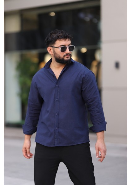 Flam Keten Dokulu Uzun Kollu Lacivert Renk Yarım Oversize Erkek Gömlek