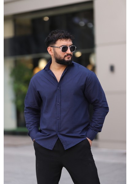 Flam Keten Dokulu Uzun Kollu Lacivert Renk Yarım Oversize Erkek Gömlek fiyatları