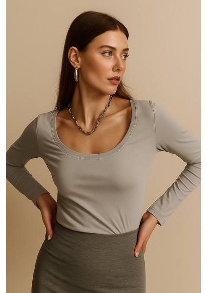 Kadın Gri U Yaka Uzun Kollu Bluz modelleri