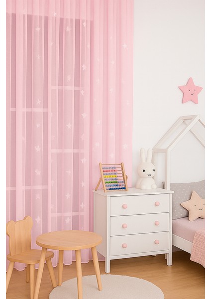 Pembe Yıldızlı Tül Perde, Kız Çocuk Odası, Sık Pile, Düz, Sade, Tül Perde, Kornişli, Pembe fiyatları