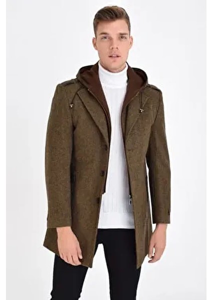 Erkek Taba Yün Karışımlı Desenli Kaşe Kapüşonlu Önü Fermuarlı ve Düğmeli Kaban