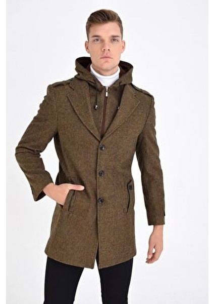 Erkek Taba Yün Karışımlı Desenli Kaşe Kapüşonlu Önü Fermuarlı ve Düğmeli Kaban fiyatları