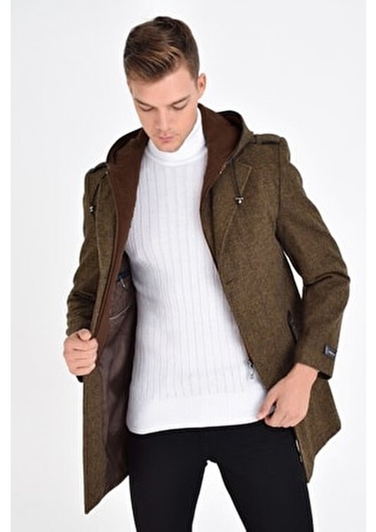 Erkek Taba Yün Karışımlı Desenli Kaşe Kapüşonlu Önü Fermuarlı ve Düğmeli Kaban modelleri