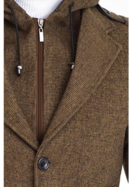 Erkek Taba Yün Karışımlı Desenli Kaşe Kapüşonlu Önü Fermuarlı ve Düğmeli Kaban indirimleri