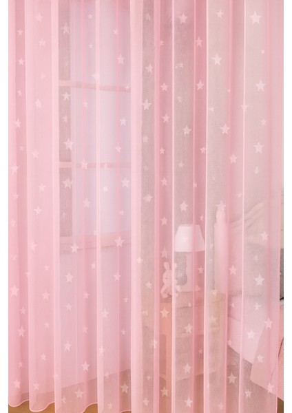 Pembe Yıldızlı Tül Perde, Kız Çocuk Odası, Sık Pile, Düz, Sade, Tül Perde, Kornişli, Pembe fırsatları