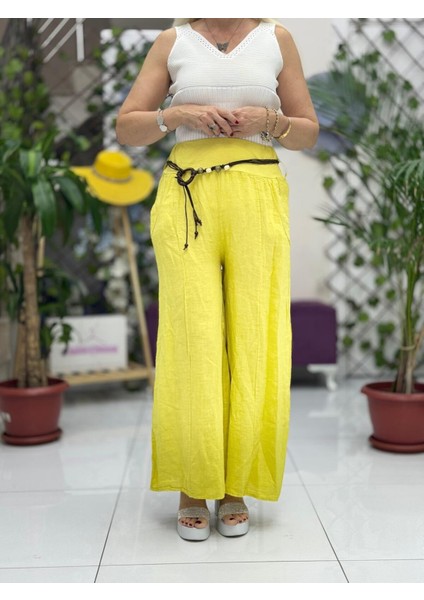 NC1136 Italyan Italyan Kemerli Keten Pantolon Sarı