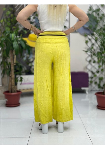 NC1136 Italyan Italyan Kemerli Keten Pantolon Sarı fırsatları