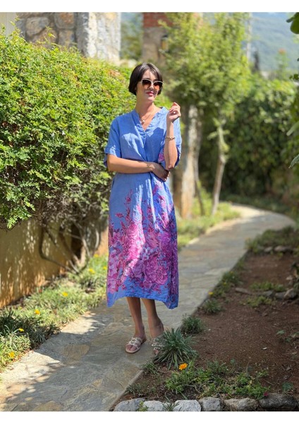 YG205050 Italyan V Yaka Çiçekli Keten Elbise Mavi fiyatları