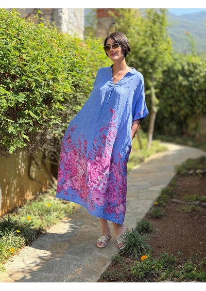 YG205050 Italyan V Yaka Çiçekli Keten Elbise Mavi modelleri