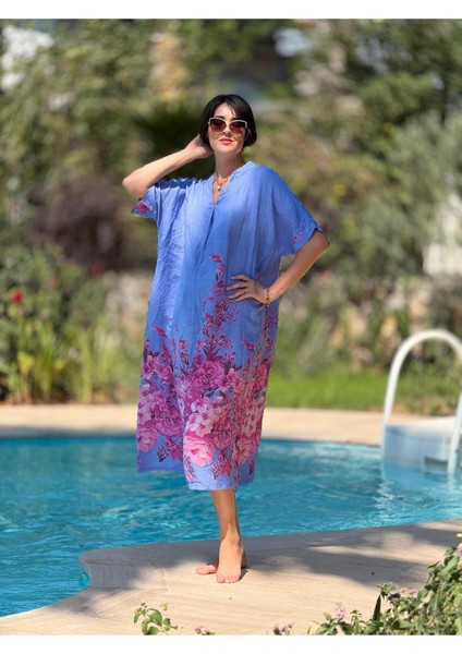 YG205050 Italyan V Yaka Çiçekli Keten Elbise Mavi fırsatları