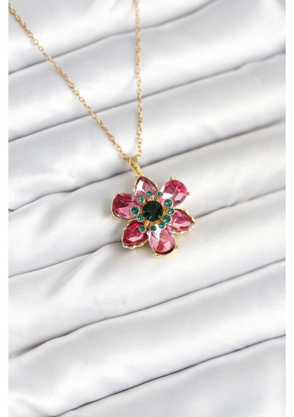 316L Çelik Zincirli Pembe Çiçek Model Kadın Kolye - PRT3500EB09088