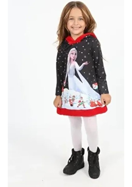Kız Çocuk Elsa Desenli Siyah Elbise.yeni Yıl Konsept.hediye.