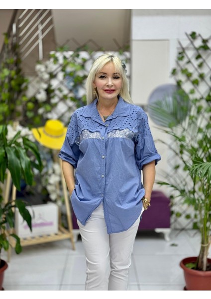 NC25537 Italyan Fisto Göğüs Pul Payet Coton Gömlek Mavi fiyatları