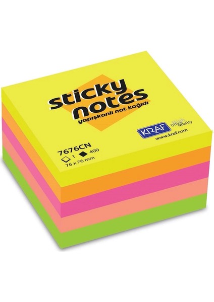 Yapışkanlı Not Kağıdı Küp Blok 75X75 Mm. 400 Yaprak Neon Renkler