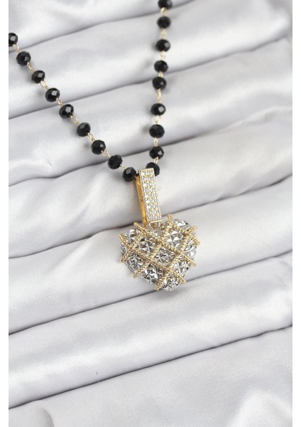 316L Çelik Zincir Kristal Boncuklu Kalpli Kadın Kolye - PRT3500EB08917