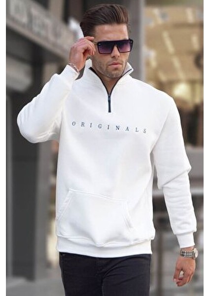 Ekru Fermuar Yaka Nakışlı Sweatshirt 6028