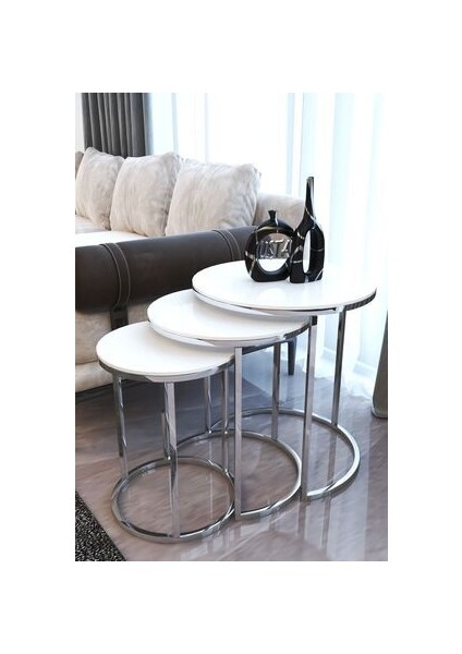 Gümüş Metal Parlak Beyaz Mdf Tabla Zigon Sehpa