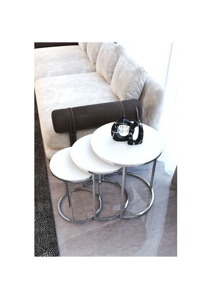 Gümüş Metal Parlak Beyaz Mdf Tabla Zigon Sehpa fiyatları