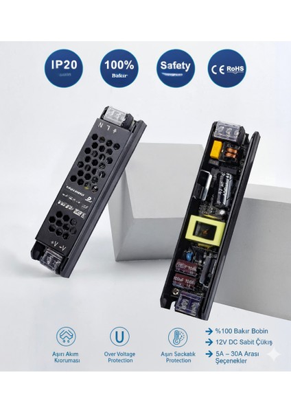 12.5A 150W 12V Şerit LED Trafosu IP20 Adaptör – Bakır