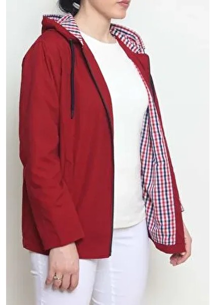 Kadın Kapüşonlu Yağmurluk & Rüzgarlık Kırmızı Düz Kumaş Regular Kalıp