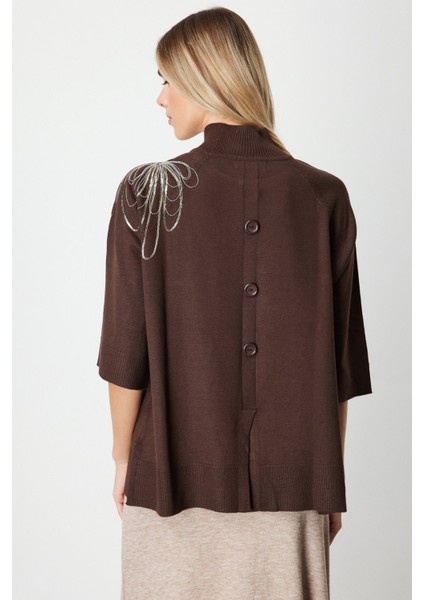 Omzu Zincir Işlemeli Triko Kazak Kahve 65381 modelleri