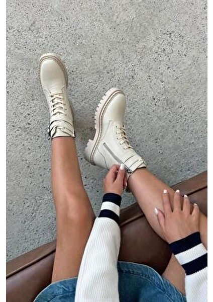 Ares Kadın Kemer Detay Hakiki Deri Postal Bot Bej fiyatları