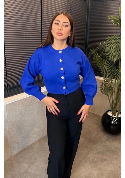 Saks Mavi Balon Kollu Çiçek Düğme Detaylı Kısa Hırka modelleri