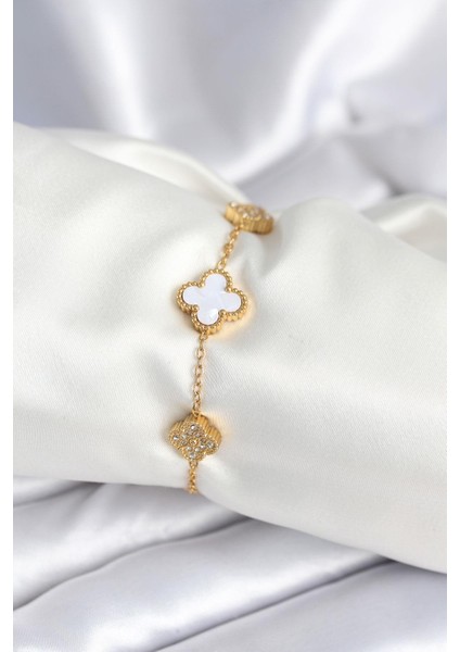 316L Çelik Zincir Zirkon Taşlı Yonca Beyaz Kadın Bileklik - PRT3500EB09108