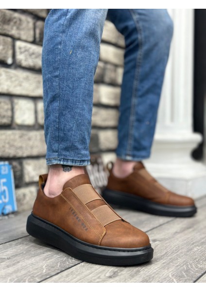 ET0307 Kalın Yüksek Taban Çift Bant Taba Siyah Erkek Ayakkabı