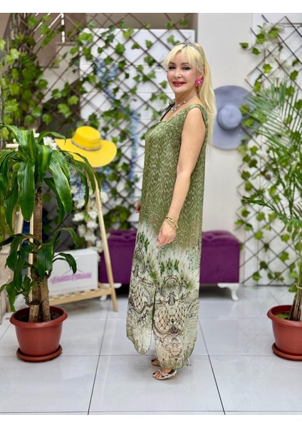 YG6420 Tek Omuz Bağlamalı Askılı Italyan Ipek Elbise Haki fiyatları