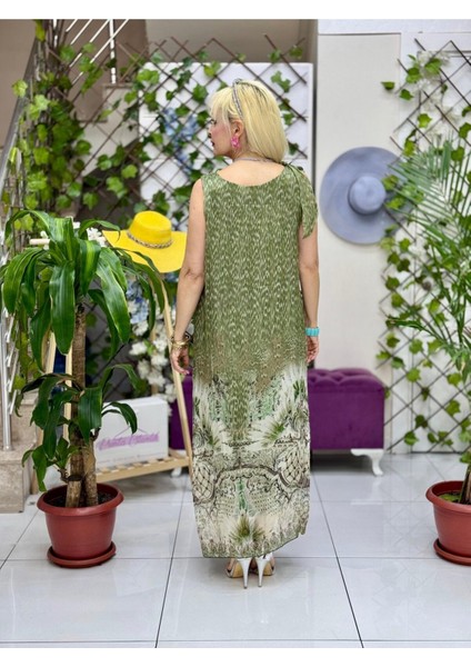 YG6420 Tek Omuz Bağlamalı Askılı Italyan Ipek Elbise Haki modelleri